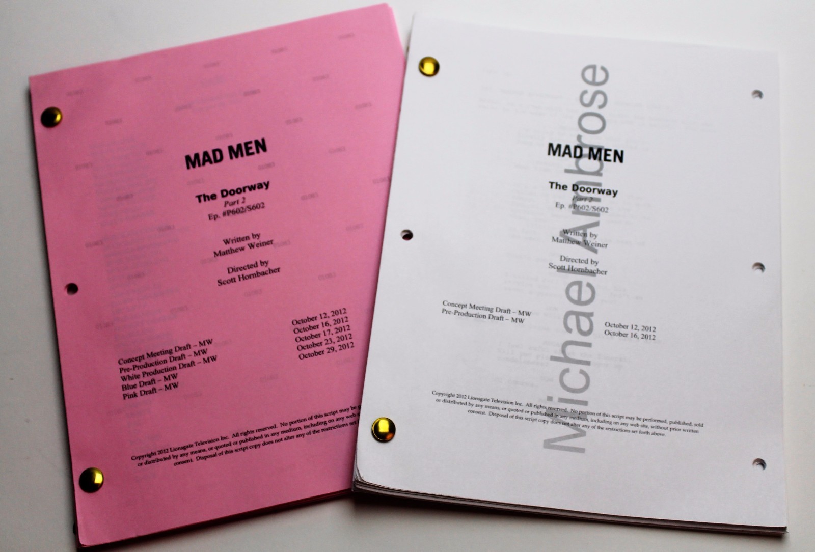 MAD MEN / 2x DIFFERENT 2012 TV Script DRAFTS, Jon Hamm, Season 6 Episode 2