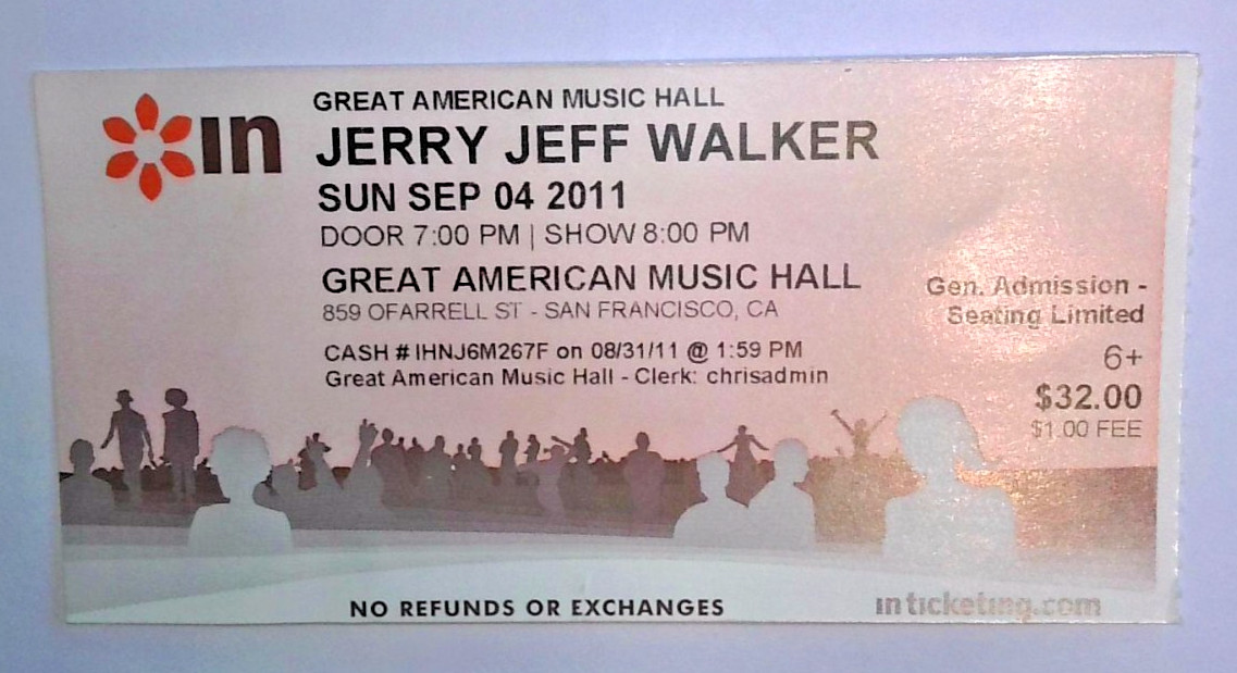 9/4/2011 Jerry Jeff Walker Ticket Stub Great American Music Hall SF Rare