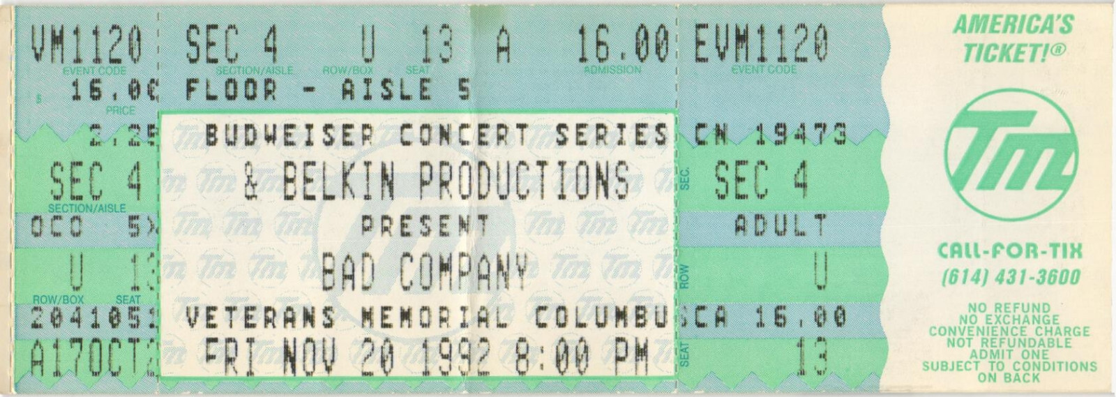 Vintage 1992 Bad Company Tom Cochrane Full Concert Ticket Columbus OH