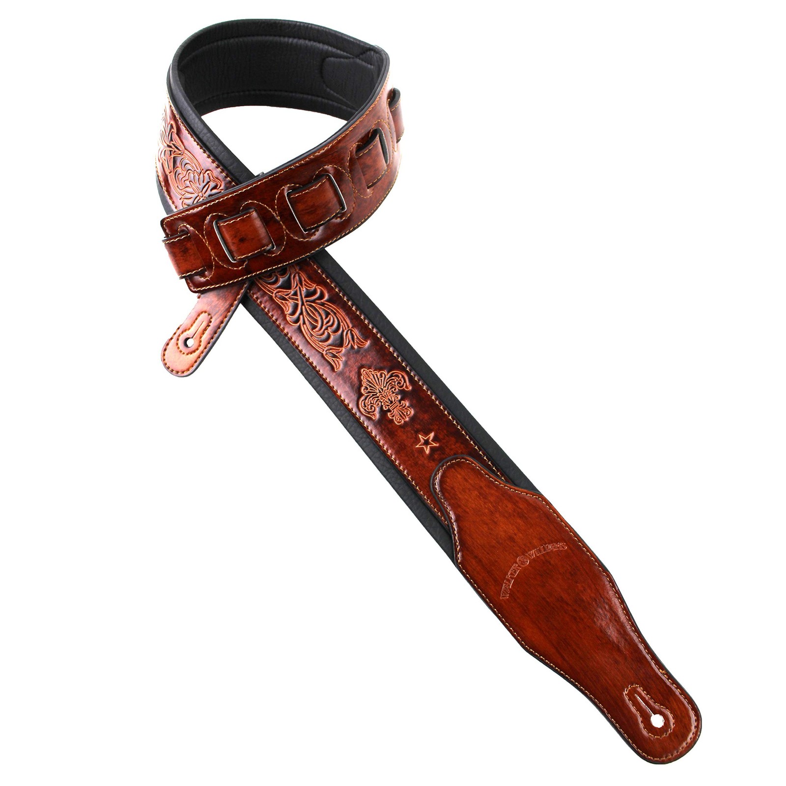 Walker And Williams GB-22 Bourbon Brown Padded Guitar Strap with Fleur De Lis…