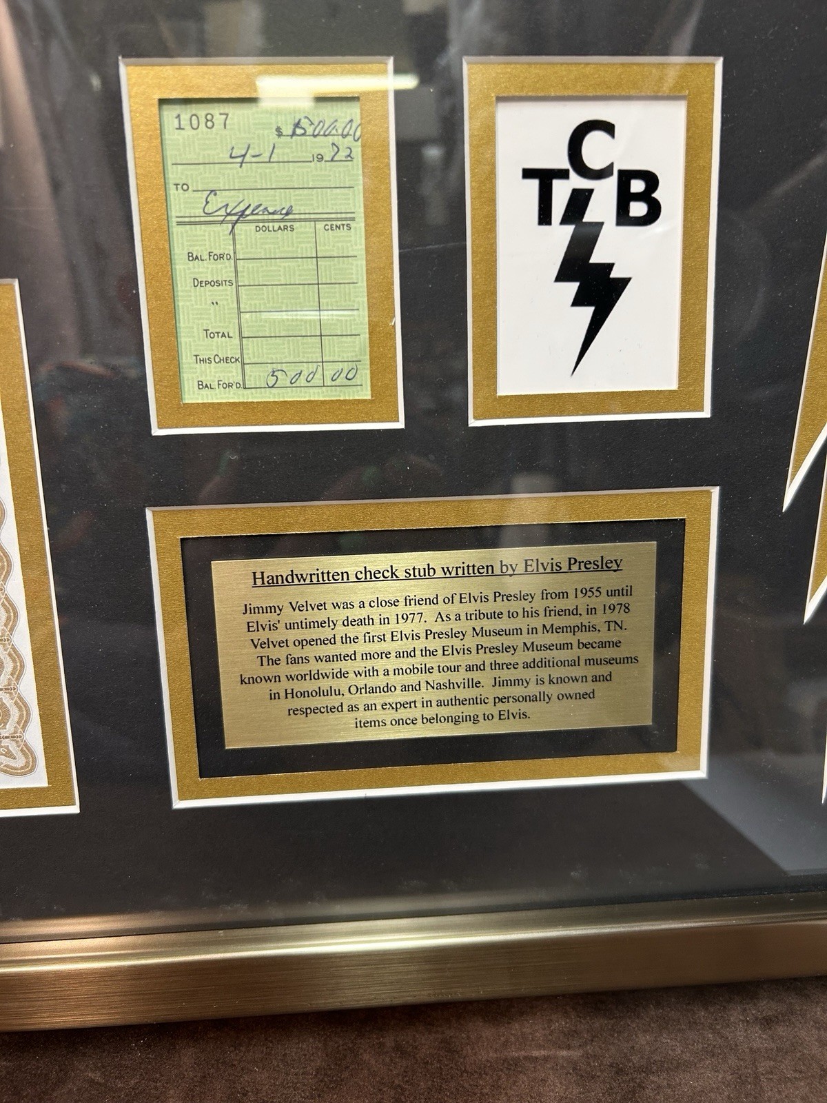 Elvis Presley Handwritten Check Stub COA Jimmy Velvet Signed Display