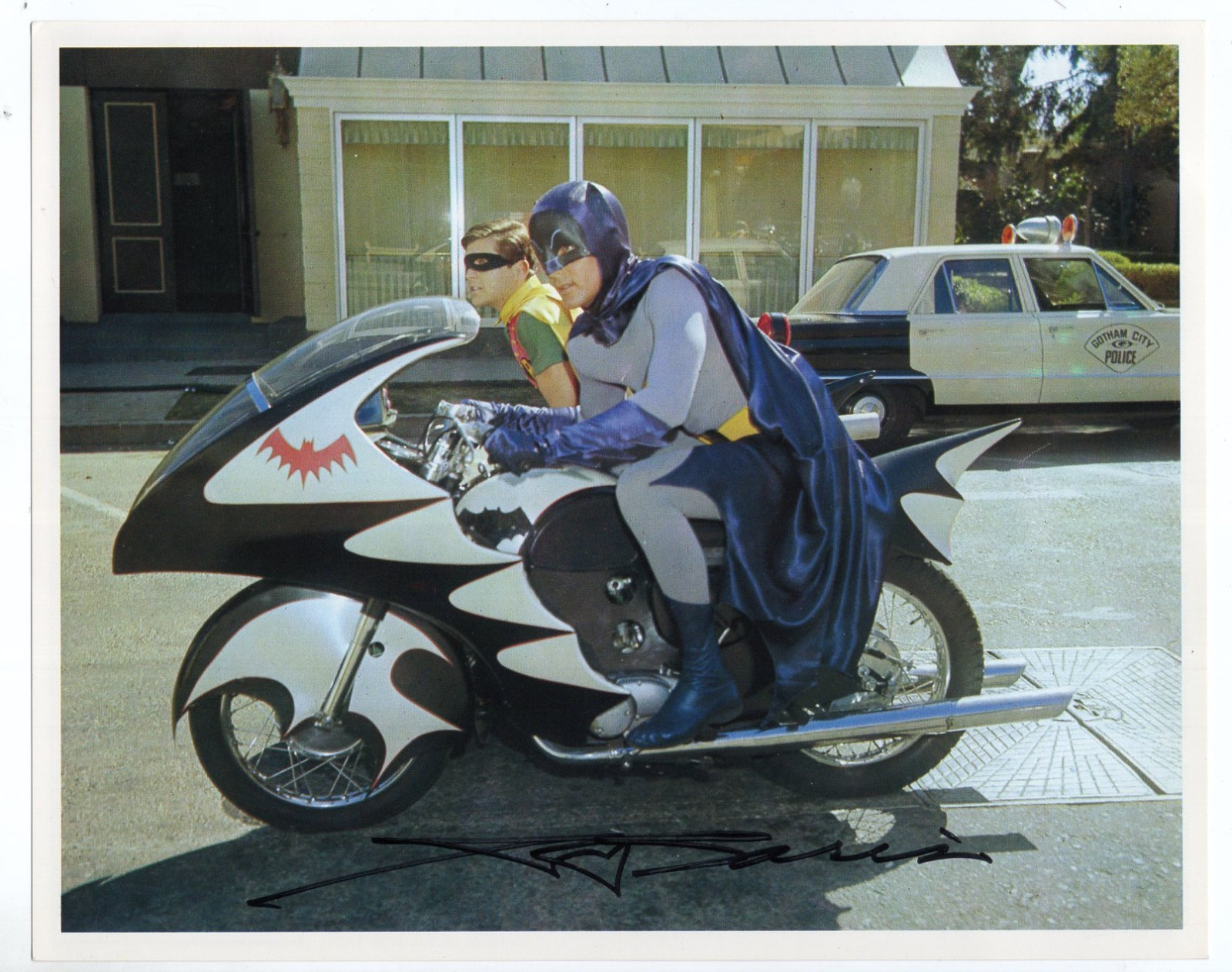 George Barris SIGNED Batman & Robin on Batcycle Photo / Adam West & Burt Ward