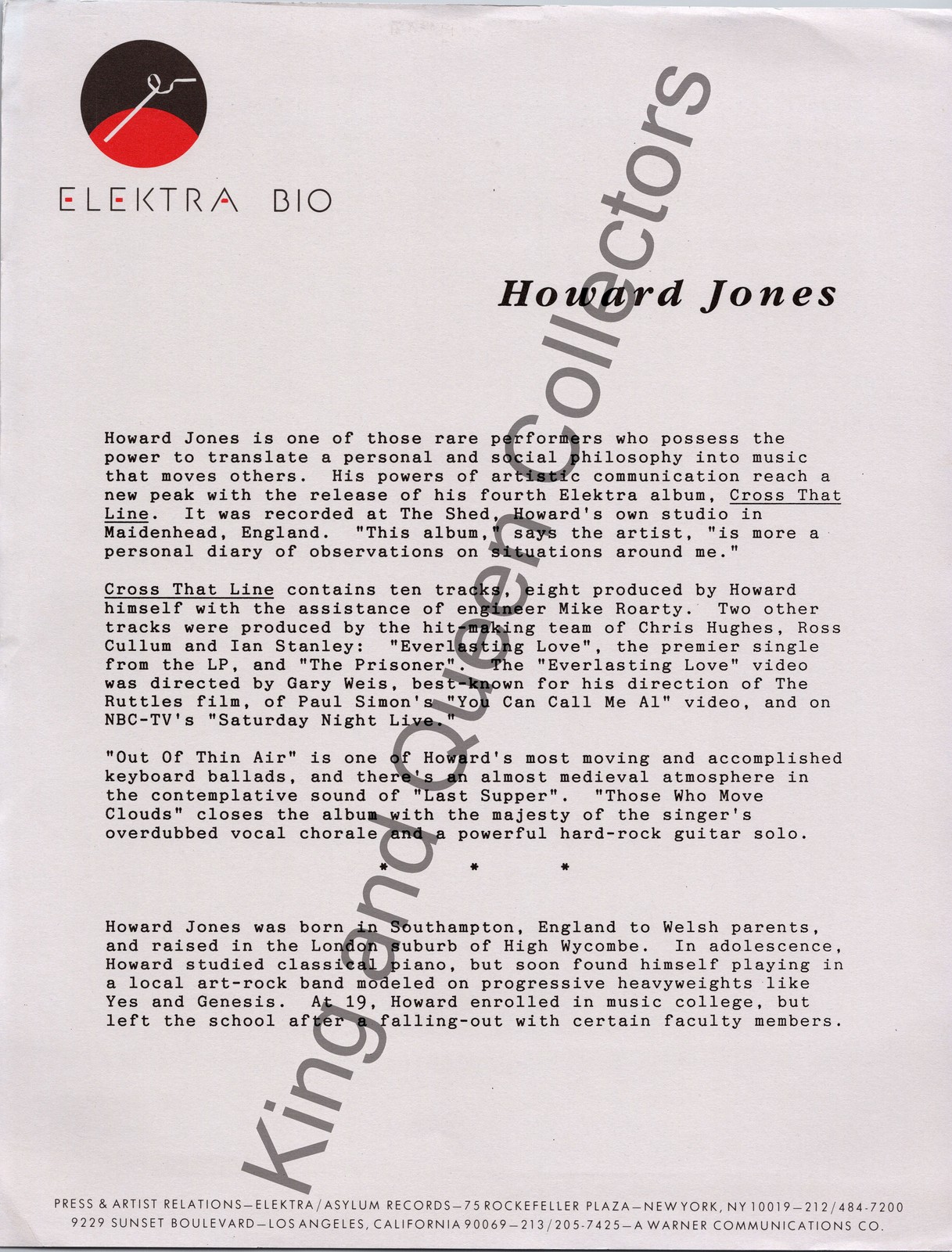 Howard Jones 1989 Original Elektra/Asylum Records Press Kit Biography Sheet