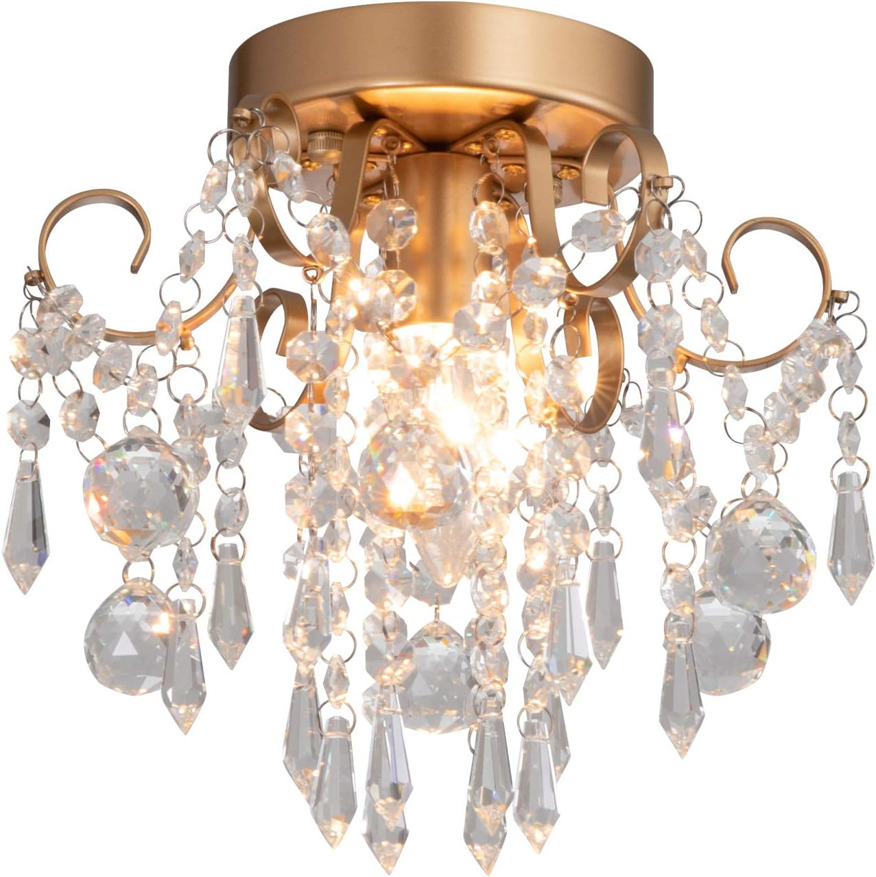 Mini Chandelier Crystal Ceiling Light,Small Flush Mount Gold Light Fixture for E