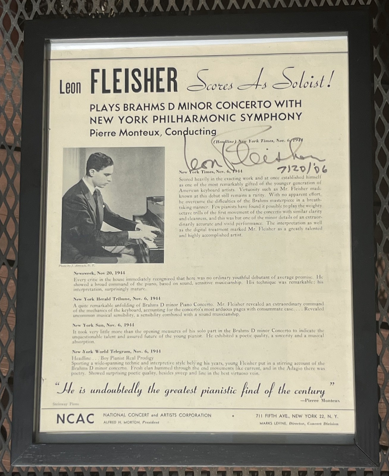 Leon Fleisher RARE 1944 promotional poster SIGNED in 11″x14″ frame Pianist