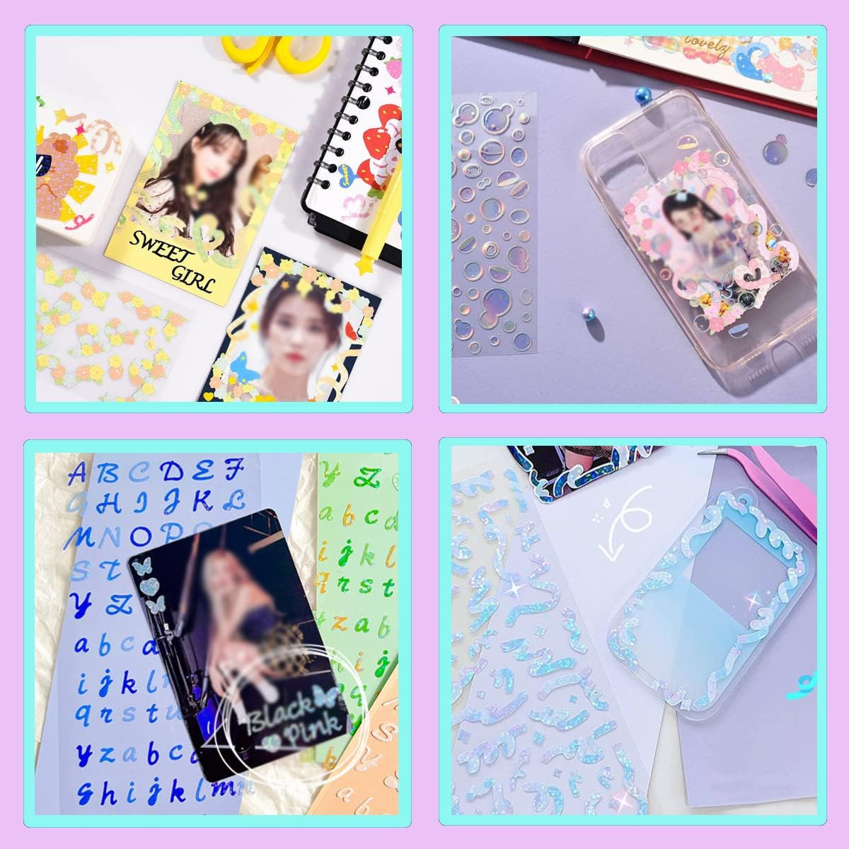 Kpop Photocard Holder Keychain with Holographic Sleeves and Decorative Stickers