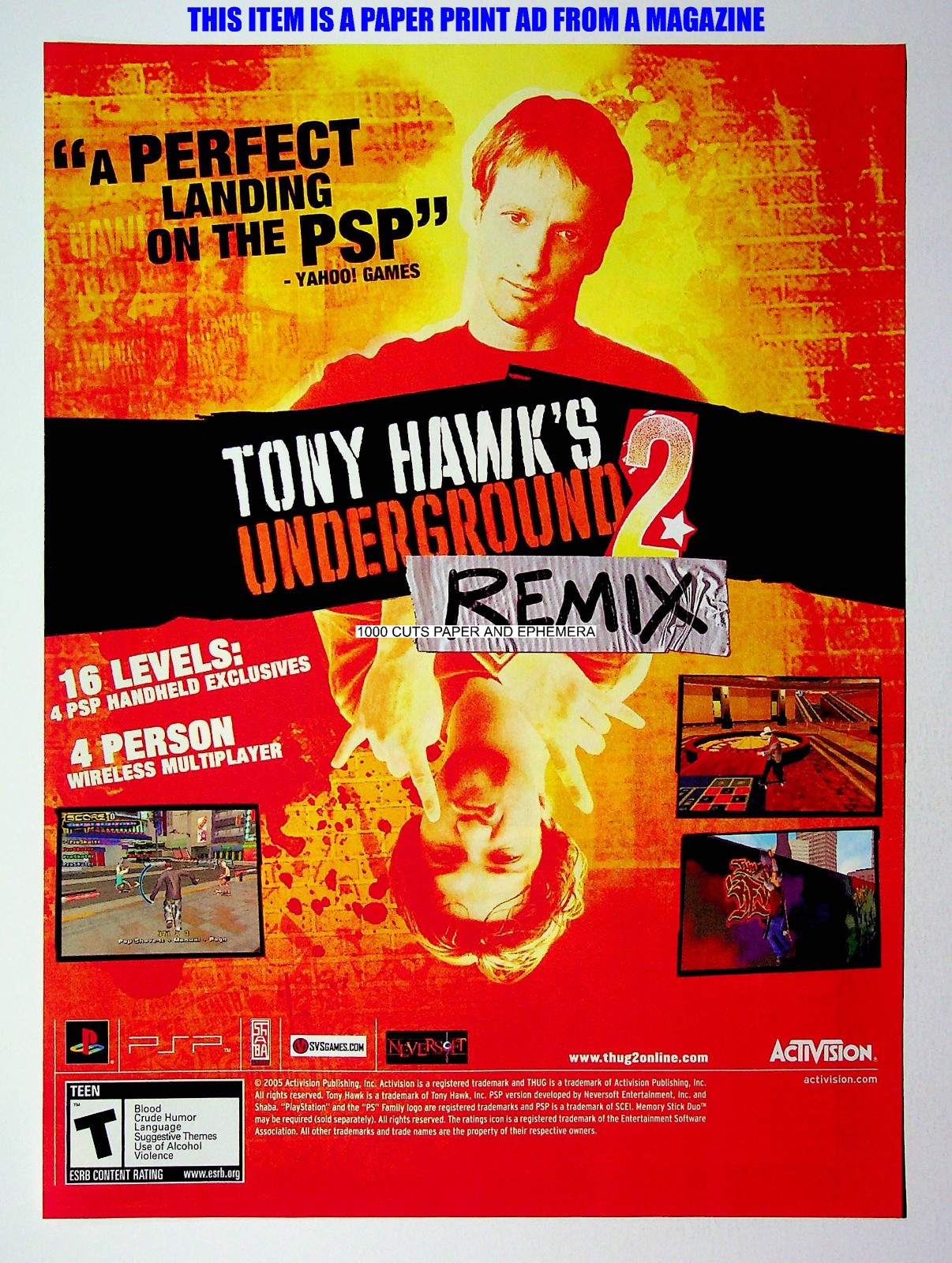 Tony Hawk’s Underground 2 Remix Neversoft PSP 2005 Print Magazine Ad Poster