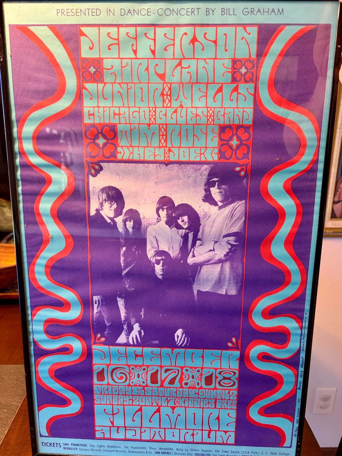 1966 JEFFERSON AIRPLANE, BILL GRAHAM FILLMORE CONCERT POSTER Framed