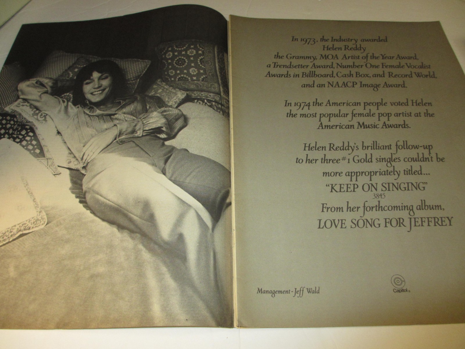 HELEN REDDY original 2 page print ad 1974 rare 22×15 inches