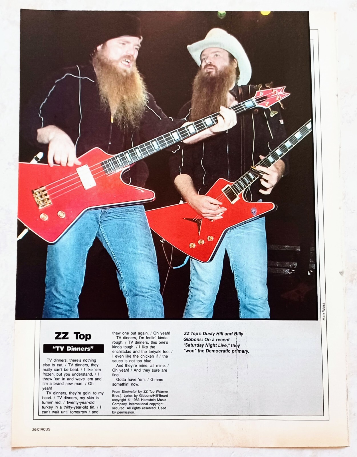 ZZ TOP~TV DINNER LYRICS~ORIG 1984 POSTER PINUP CLIPPING~DUSTY HILL/BILLY GIBBONS