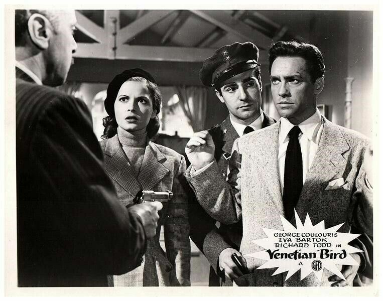 Venetian Bird Orig Lobby Card Richard Todd Eva Bartok George Coulouris with gun