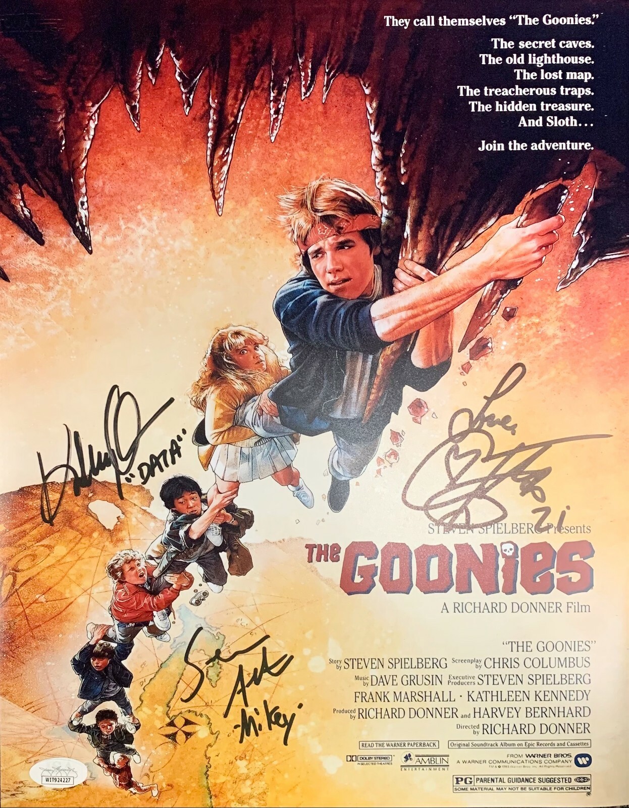 Corey Feldman Sean Astin Jonathan KeQuan signed insc 11×14 photo JSA COA Goonies