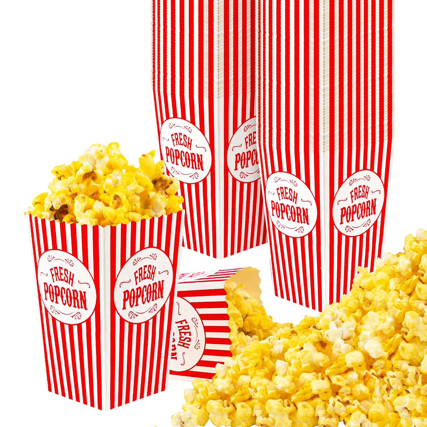 [25 Pack] Movie Theater Popcorn Boxes Disposable Red & White Striped – 46 Oz Cap