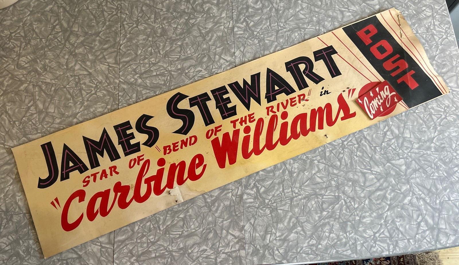 RARE JAMES JIMMY STEWART CARBINE WILLIAMS MOVIE 11×42 SIGN COMING THEATER POSTER