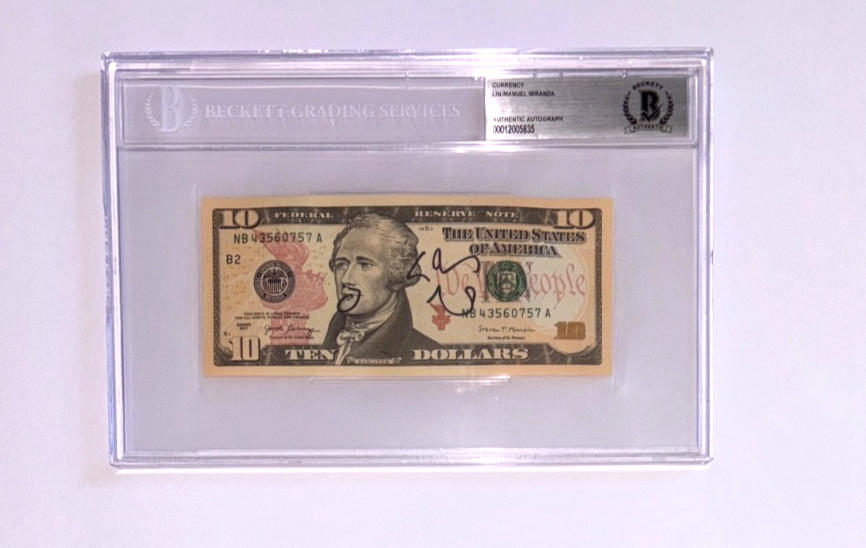 LIN MANUEL MIRANDA SIGNED $10 BILL US MONEY HAMILTON BROADWAY PLAY SLAB BAS