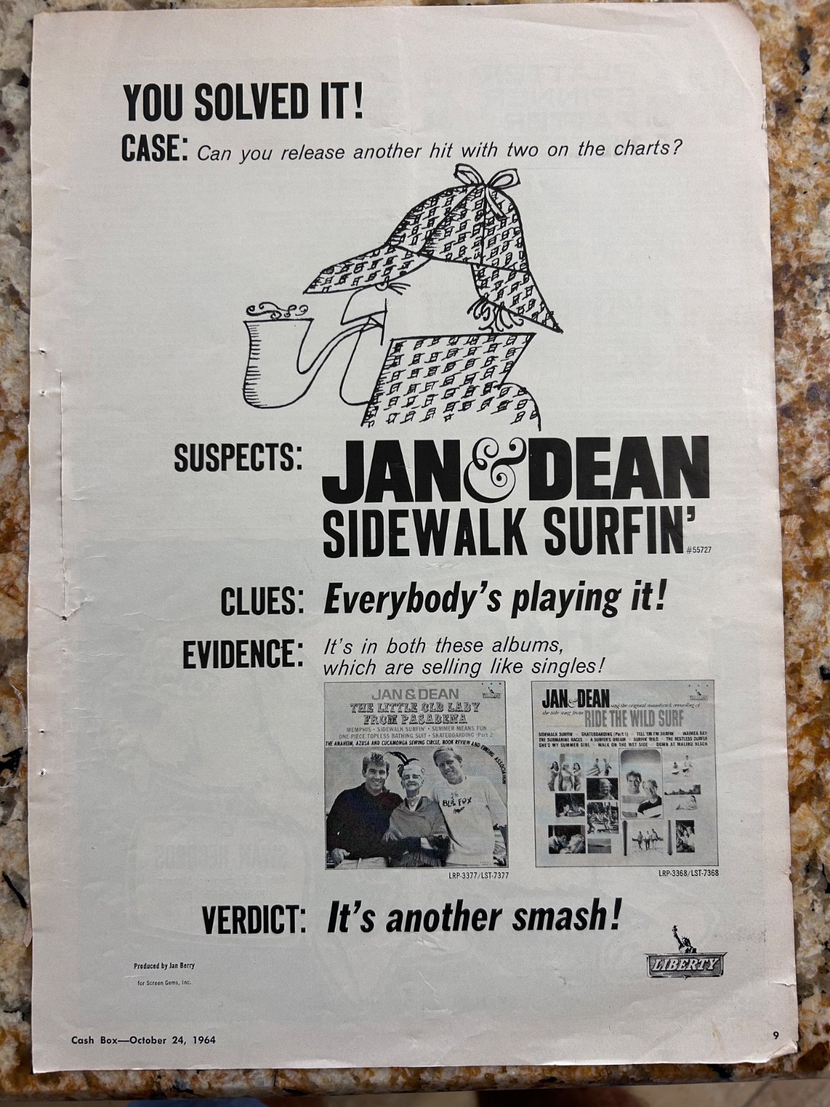 JAN & DEAN “Sidewalk Surfin” + LITTLE OLD LADY, Cash Box 10×14 Promo Display Ad