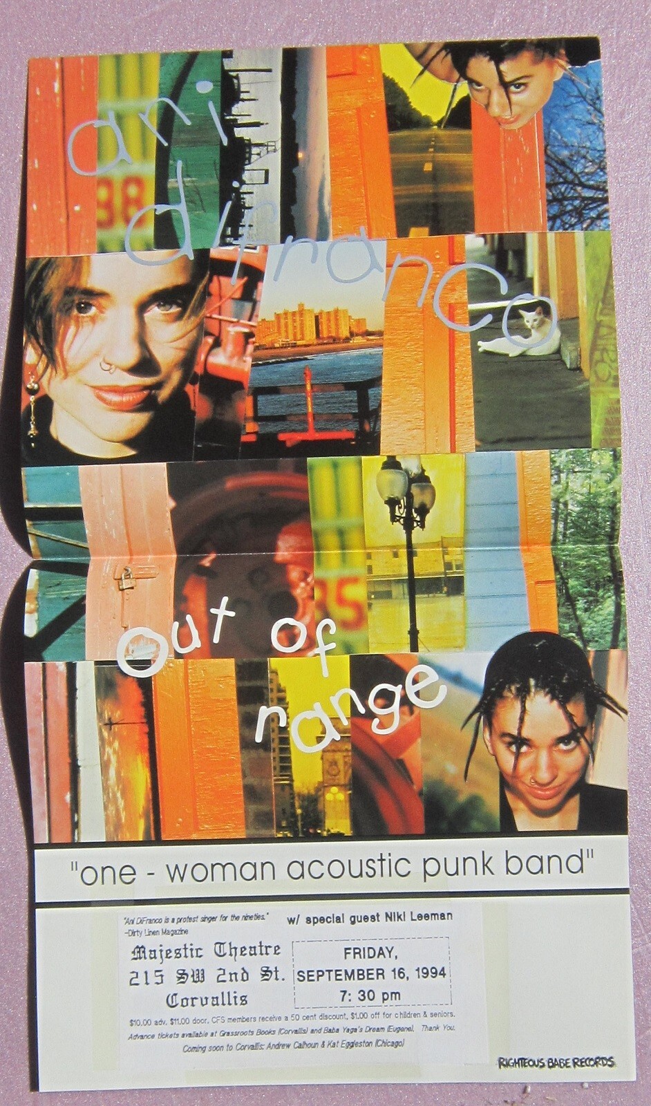 Original ANI DiFRANCO Concert POSTER Gig Flyer 1994 Eugene OR 18 5/8″ x 10 1/8″