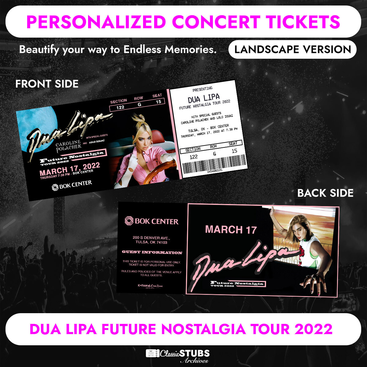 Personalized Dua Lipa: Future Nostalgia Tour 2022 Stub Concert Ticket