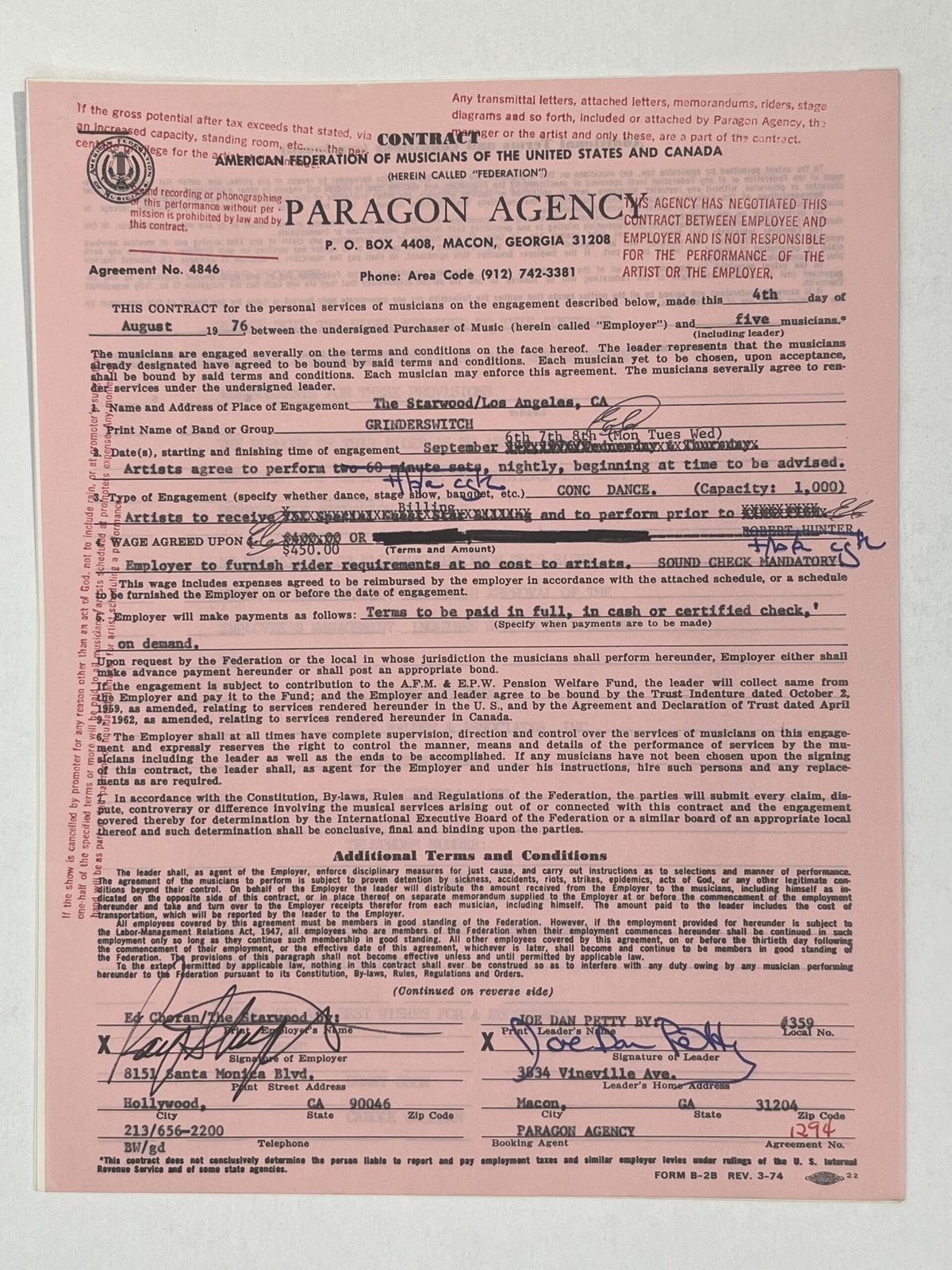 Grinderswitch Concert Contract 1976 Los Angeles