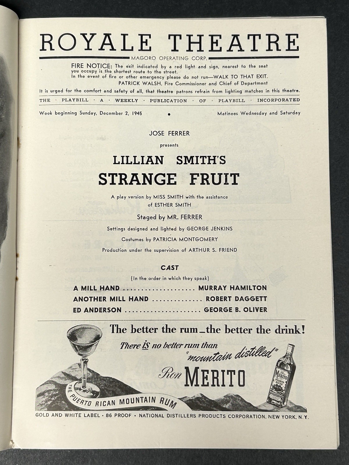 1945 Royal Theatre Playbill Program Strange Fruit Lillian Smith