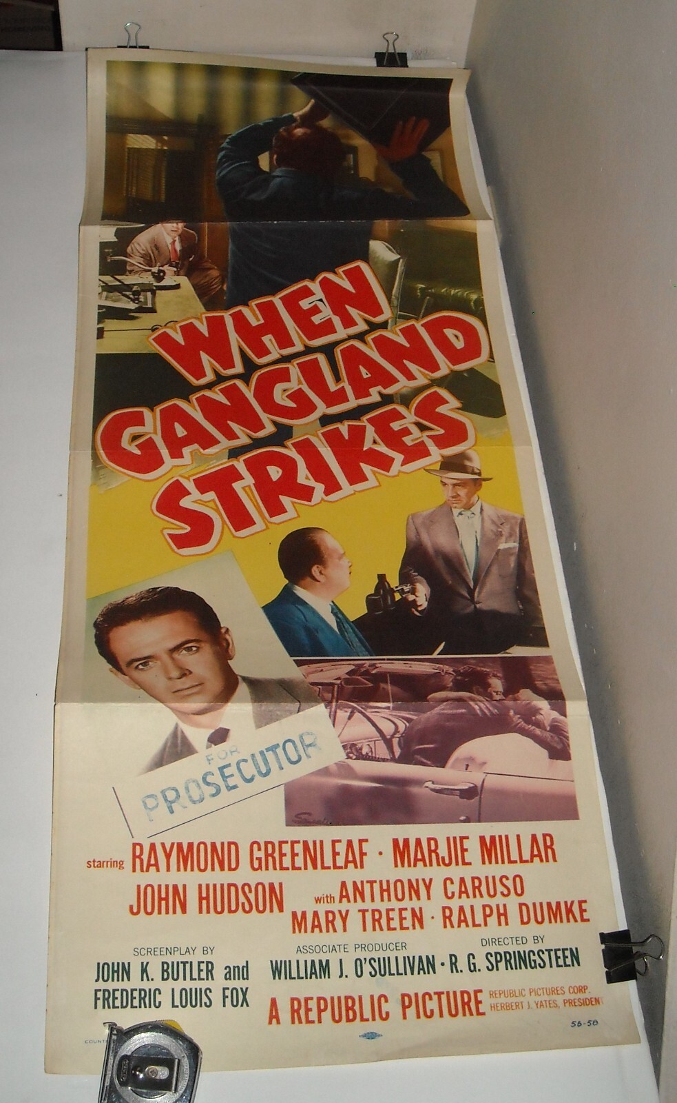ROLLED 1956 WHEN GANGLAND STRIKES MOVIE POSTER 14X36 INCH REPUBLIC PICTURES