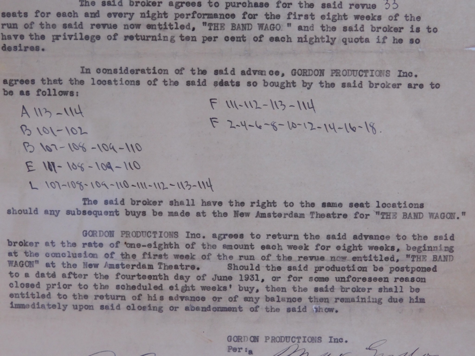 1931 Max Gordon Signed $5000 Contract “Band Wagon” Producer PSA Encapsulated