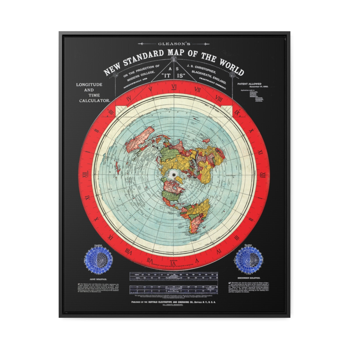 Gleason’s 1892 New Standard Map of the World Flat Earth Black Gallery Canvas
