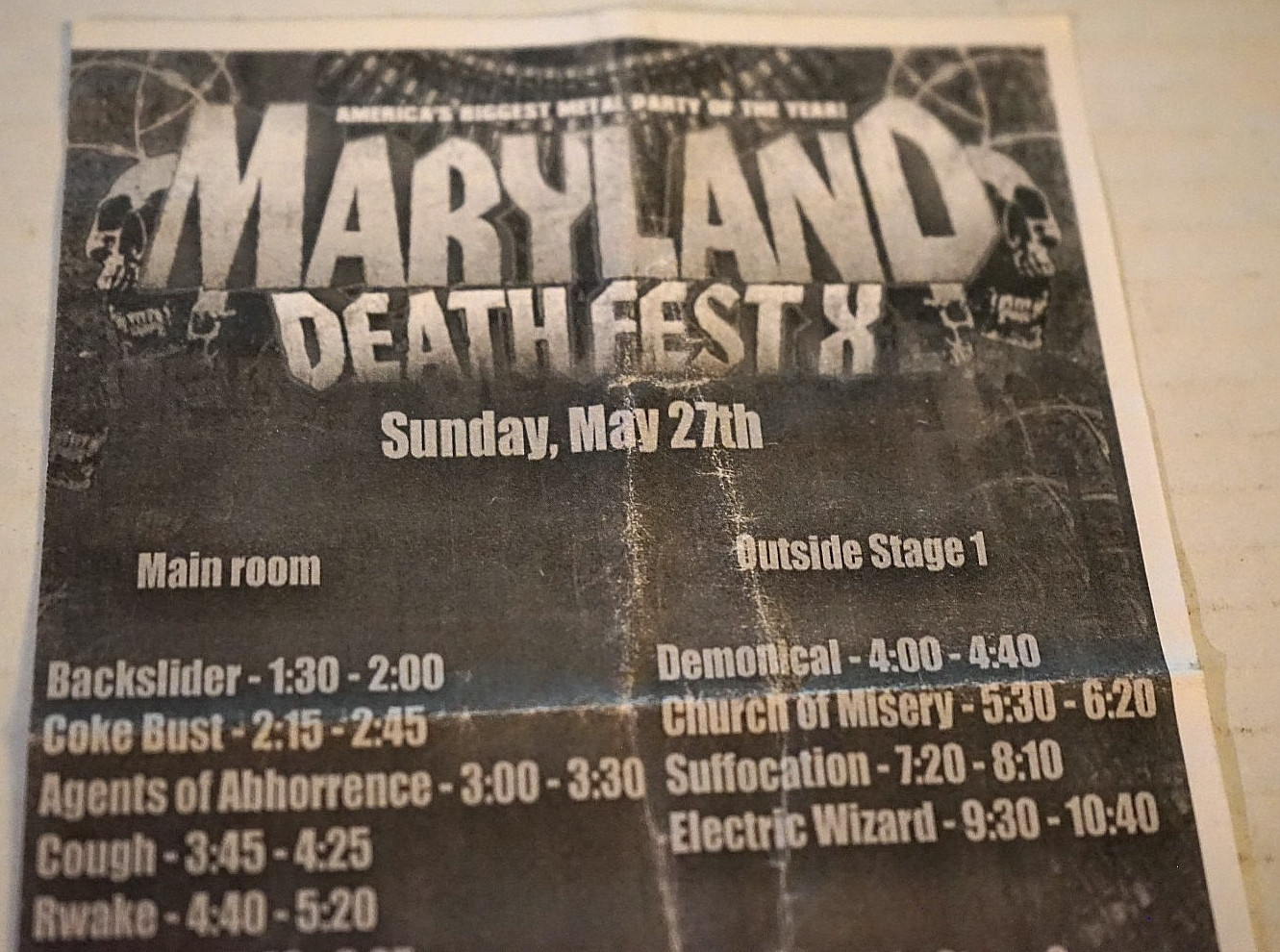 Maryland Death Fest X Sunday May 27 2012 Hand Bill Band Schedule Pentagram Vitus