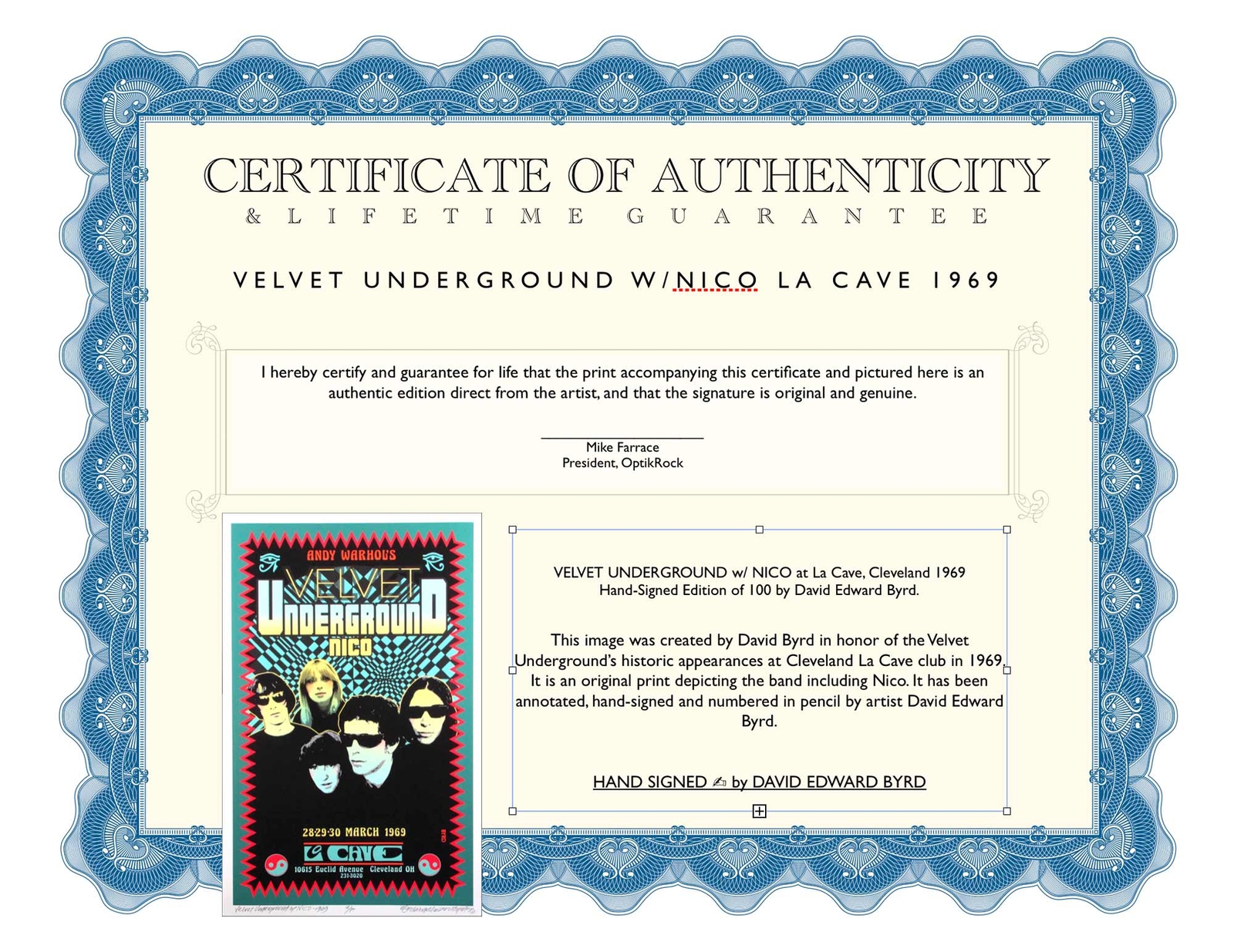 Velvet Underground Poster La Cave 1969 New Artist Edition S/N 100 David Byrd COA
