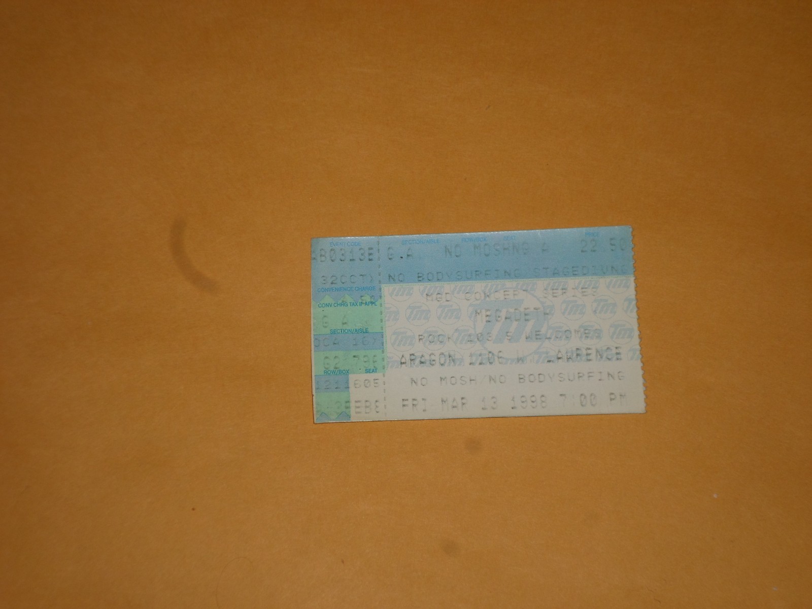 Megadeth & Life Of Agony Concert Ticket-1998-Aragon Ballroom-Chicago,IL