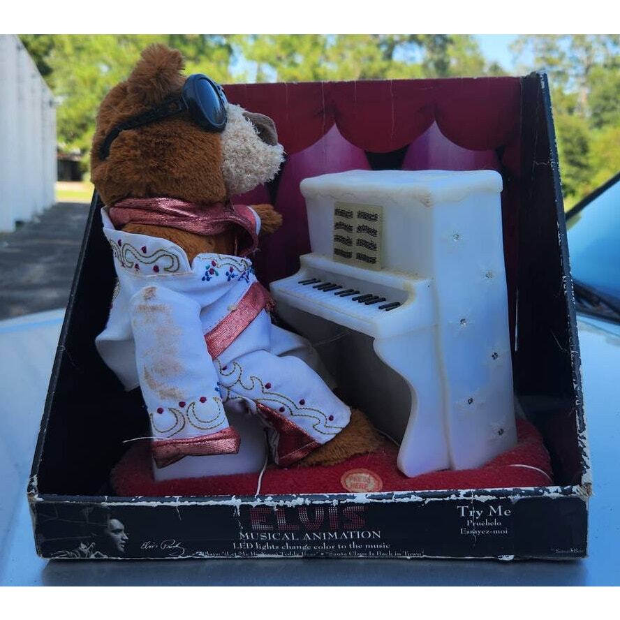 Unopened Vintage push button musical Elvis teddy bear with piano Rock n Roll