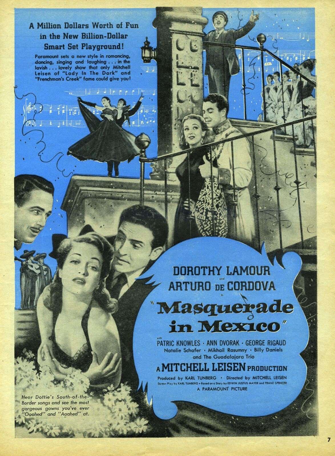 1946 Original Magazine Ad Movie Masquerade in Mexico staring Dorothy Lamour