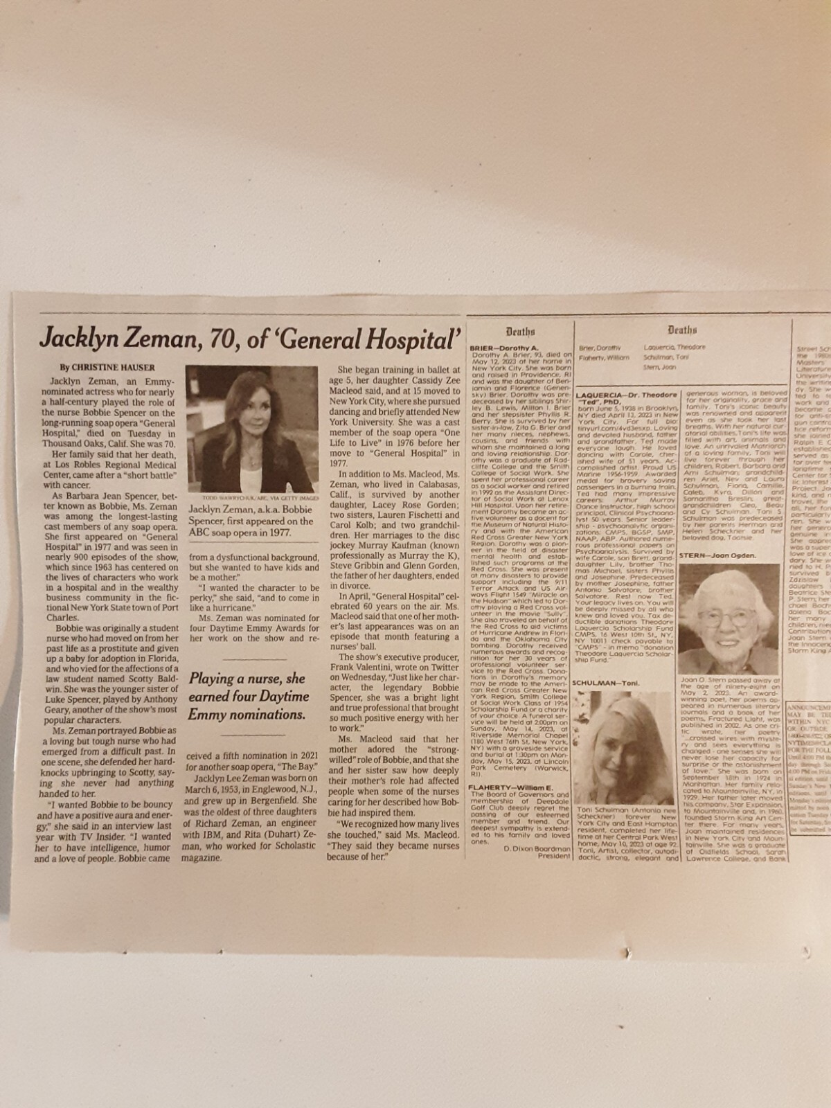Jacklyn Zeman New York Times Obituary – Actress – General Hospital Soap Opera