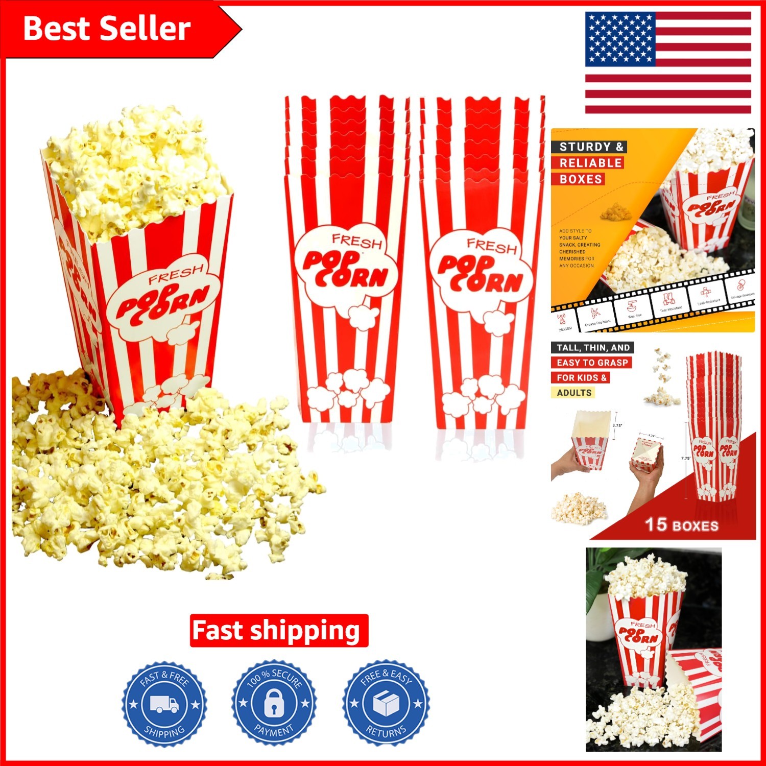 15 Collapsible Popcorn Boxes – Large 46 oz, Perfect for Nostalgic Gatherings