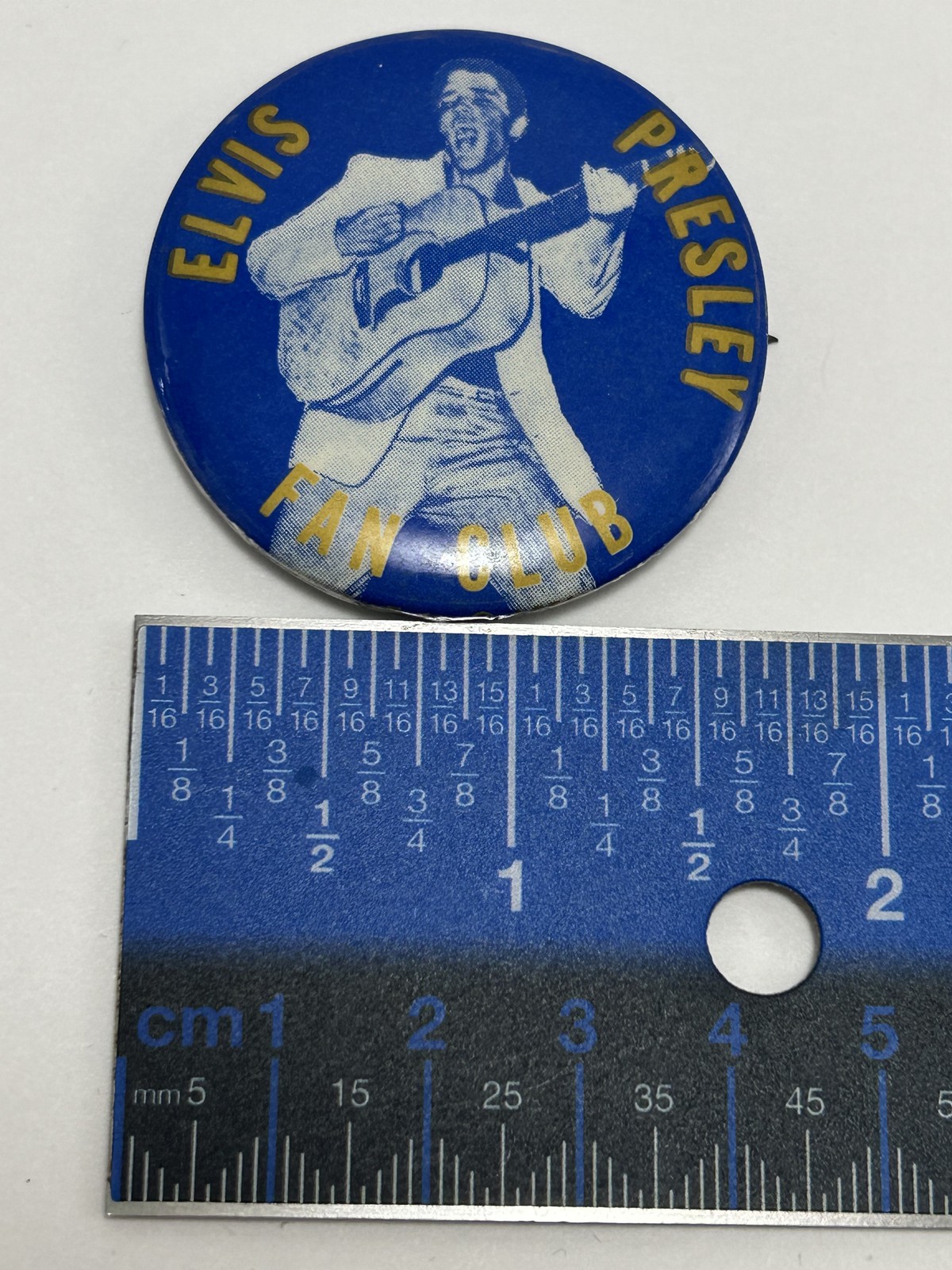 Vintage 1950s Elvis Presley Fan Club Pinback Button Blue Gold Litho 1.75″