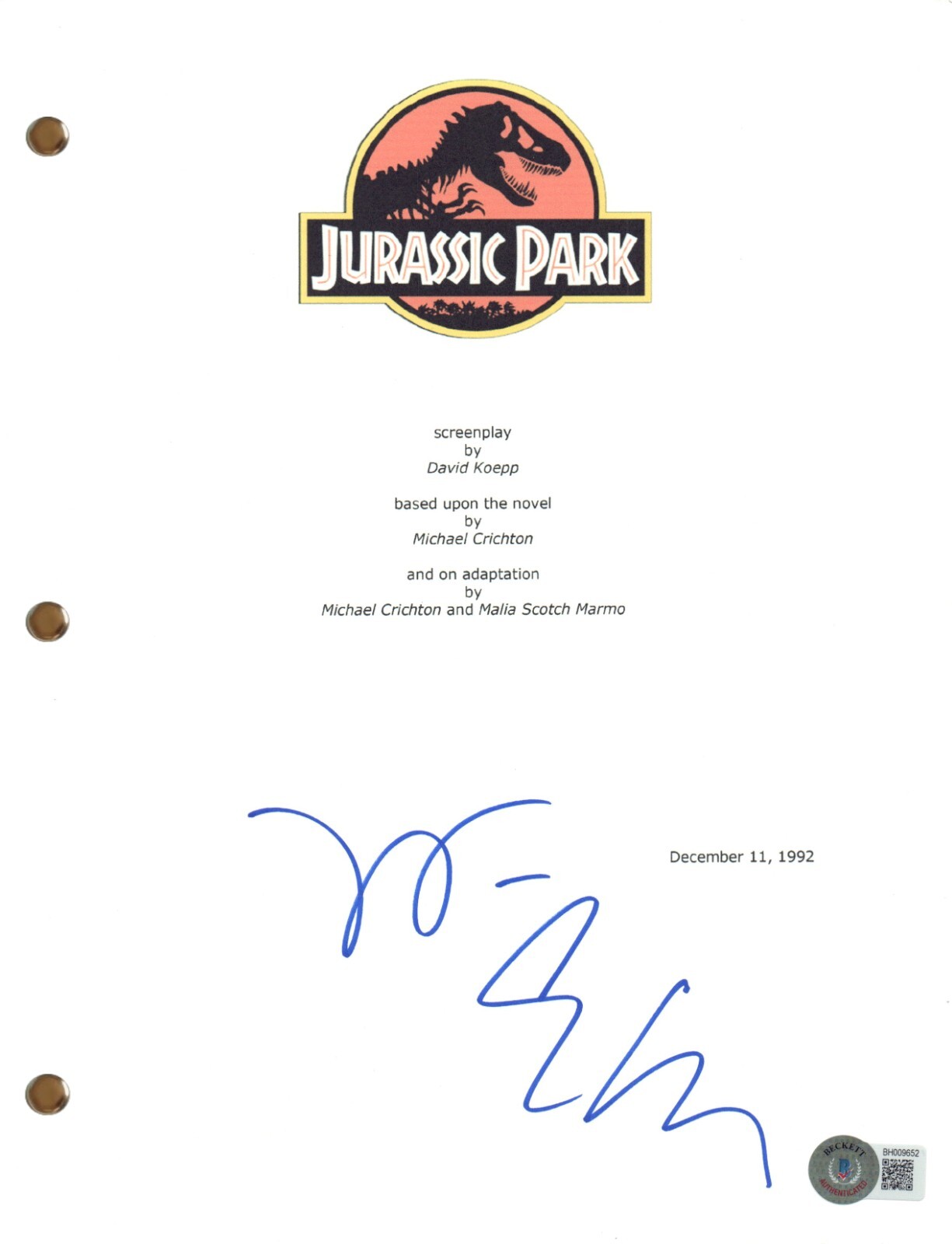 Jeff Goldblum Signed Autograph Jurassic Park Movie Script Screenplay Beckett COA