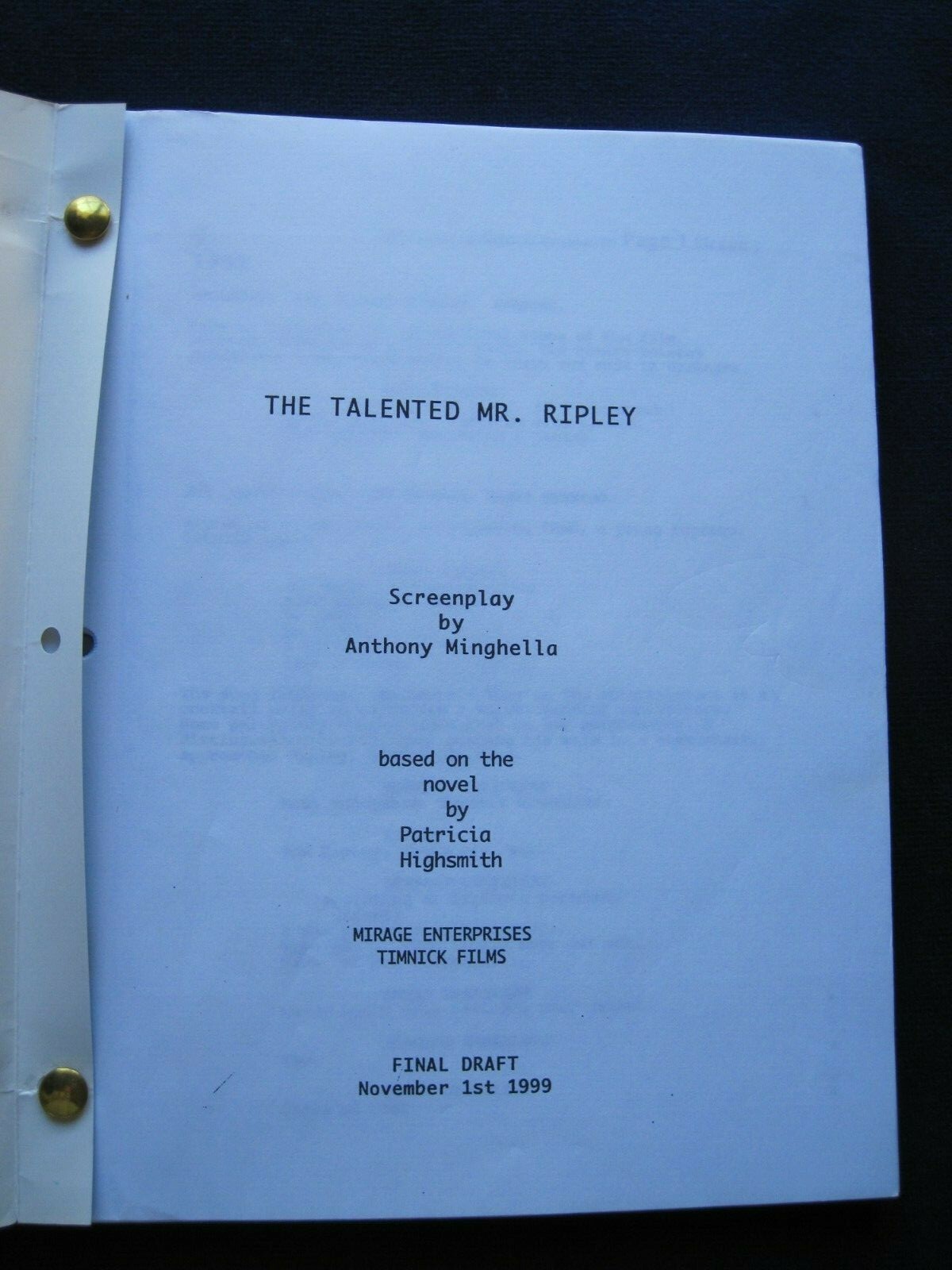 ORIGINAL SCRIPT – THE TALENTED MR RIPLEY by ANTHONY MINGHELLA Film wi MATT DAMON