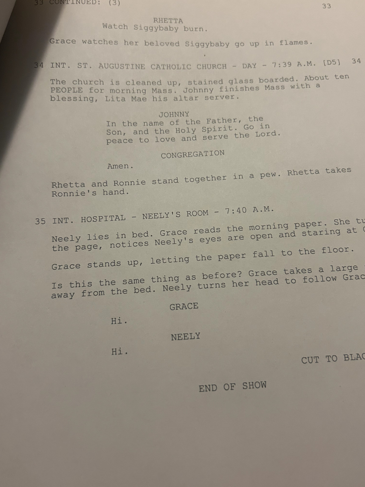 ORIGINAL SCRIPT SAVING GRACE TBD SIGGYBABY BURN HOLLY HUNTER LEON RIPPY