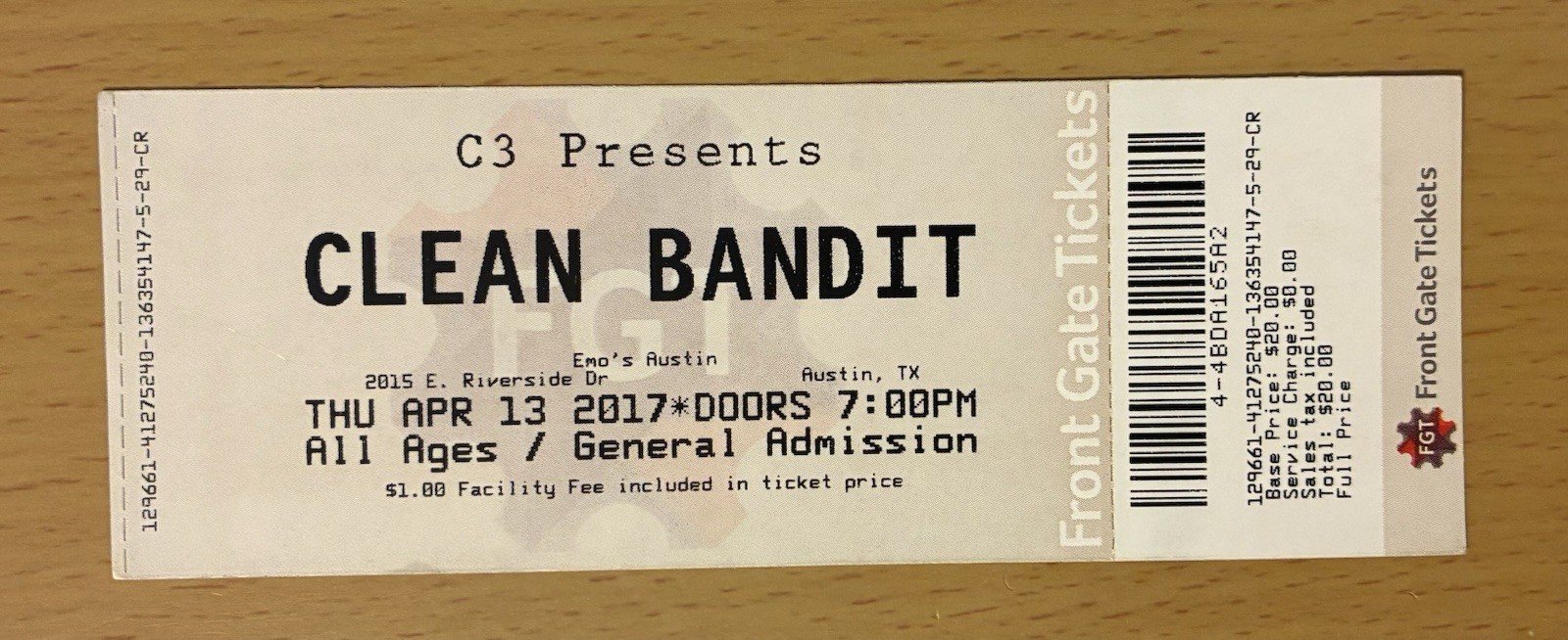 2017 CLEAN BANDIT EMO’S AUSTIN TEXAS CONCERT TICKET STUB 960