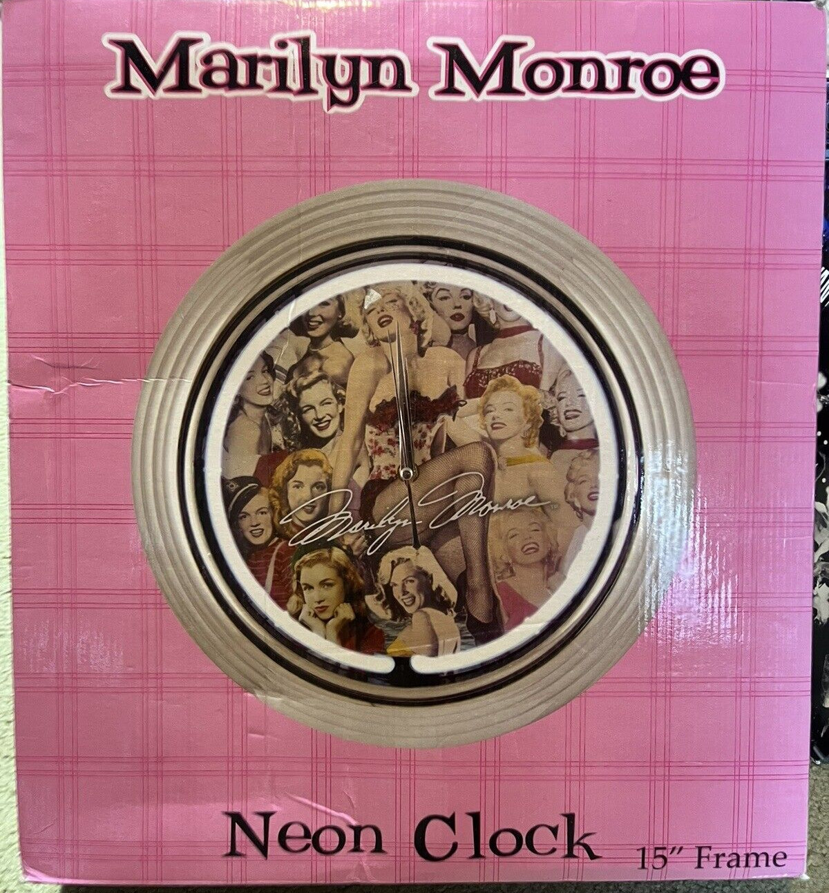 New Big Marilyn Monroe Bernard of Hollywood New 15” Boxed Chrome Neon Wall Clock