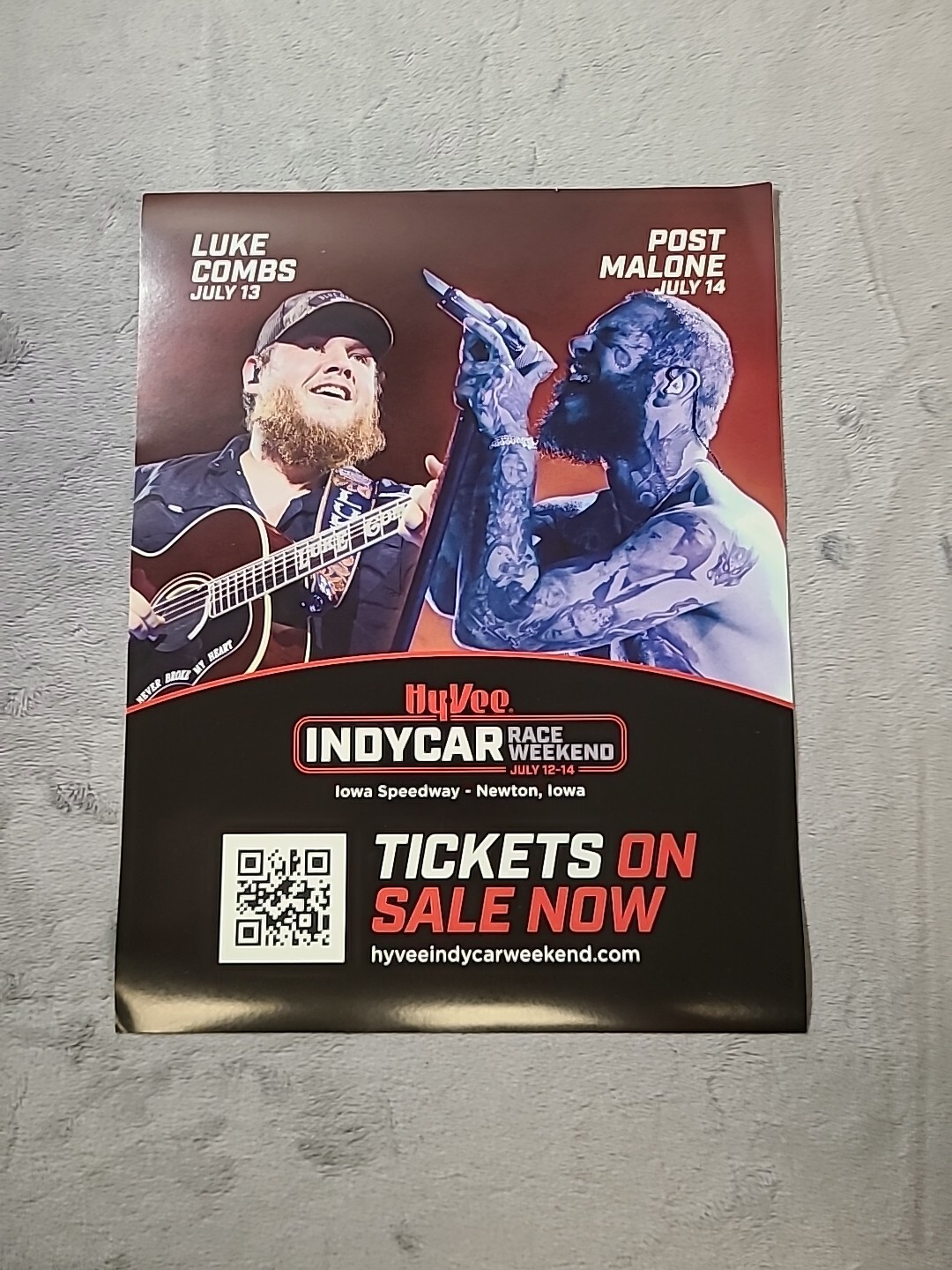 Luke Combs & Post Malone Event Poster 8.5″ X 11″ Rare Hyvee Indycar Newton Iowa