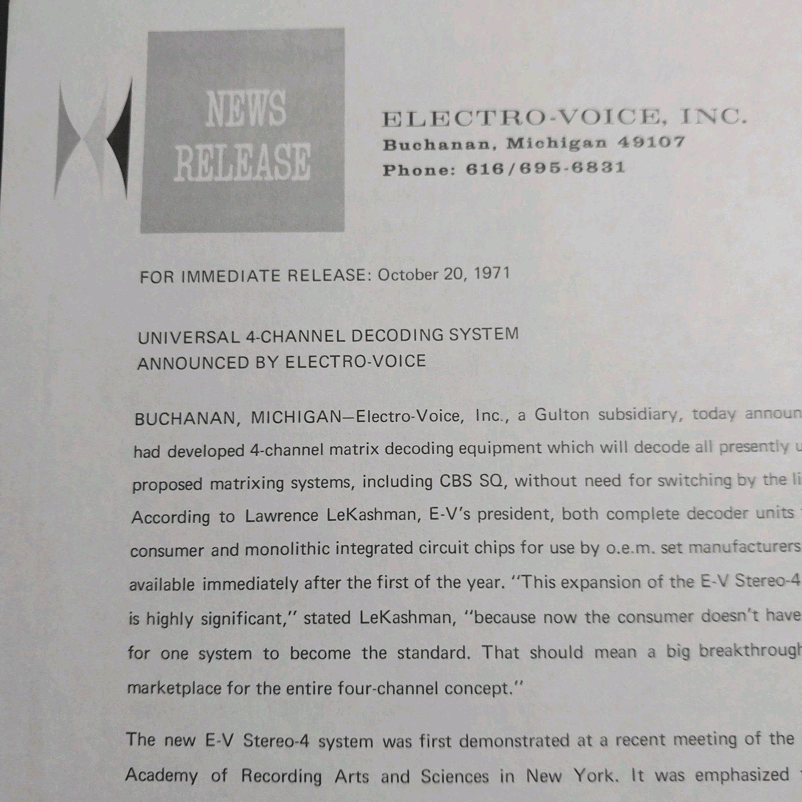 Vintage Original 1971 Electro-Voice E-V Stereo-4 Quadraphonic Press Release