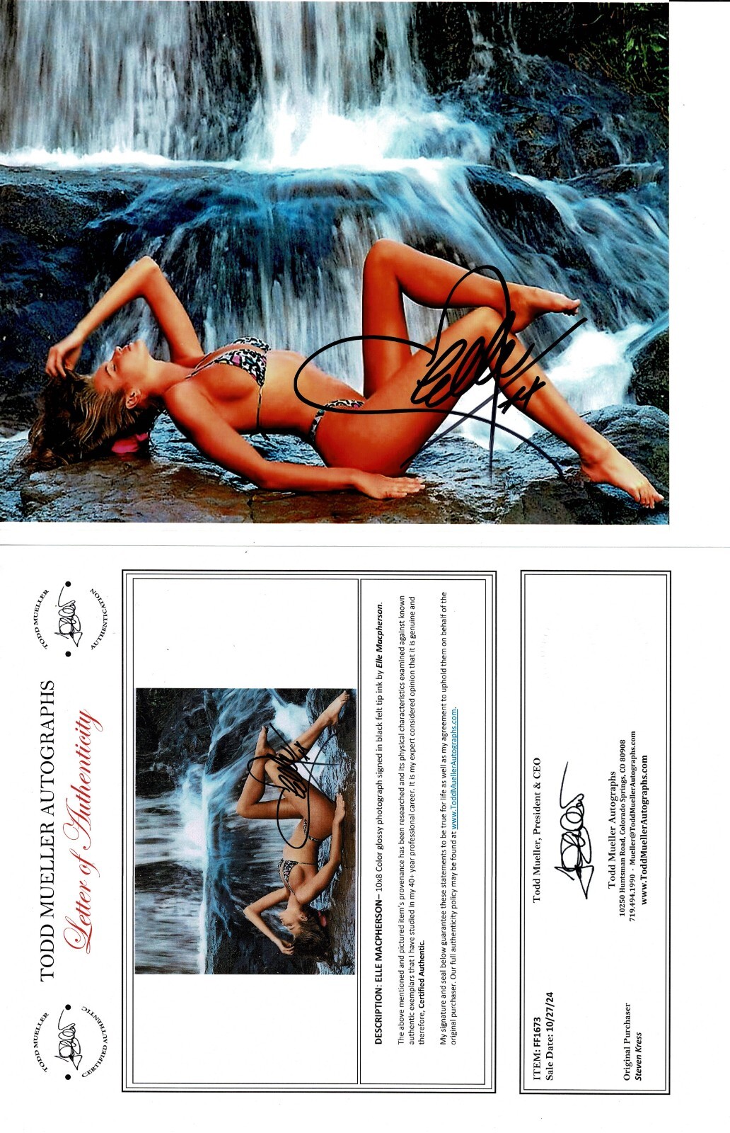 ELLE MACPHERSON SIGNED 8X10 PHOTO TODD MUELLER COA