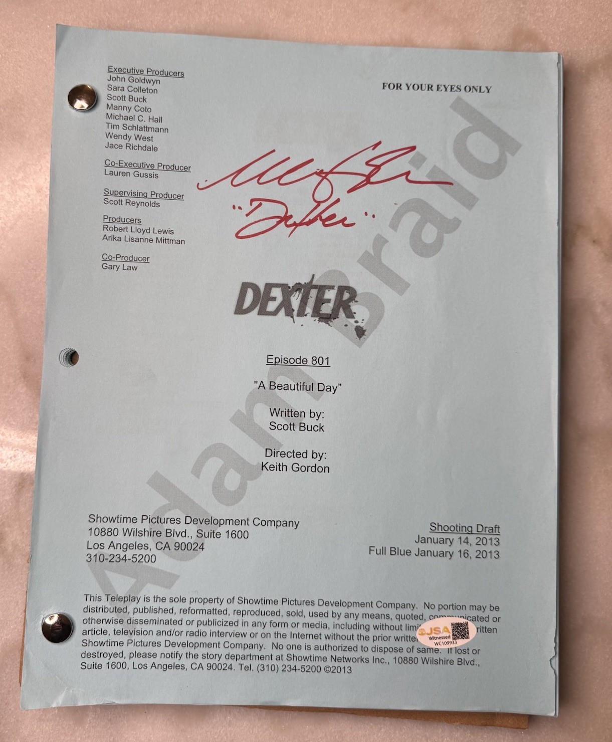 DEXTER original Show-Used SCRIPT – Signed By Michael C Hall w/ Inscription Auto