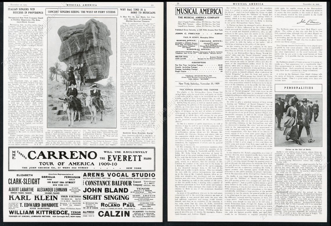 1909 Florence Hinkle Enrico Caruso photo Rachmaninoff article Teresa Carreno ad