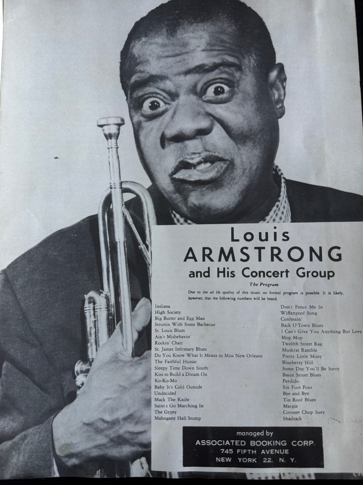 Louis Armstrong signed Concert Program JSA LOA Rare Jazz Auto Z2373