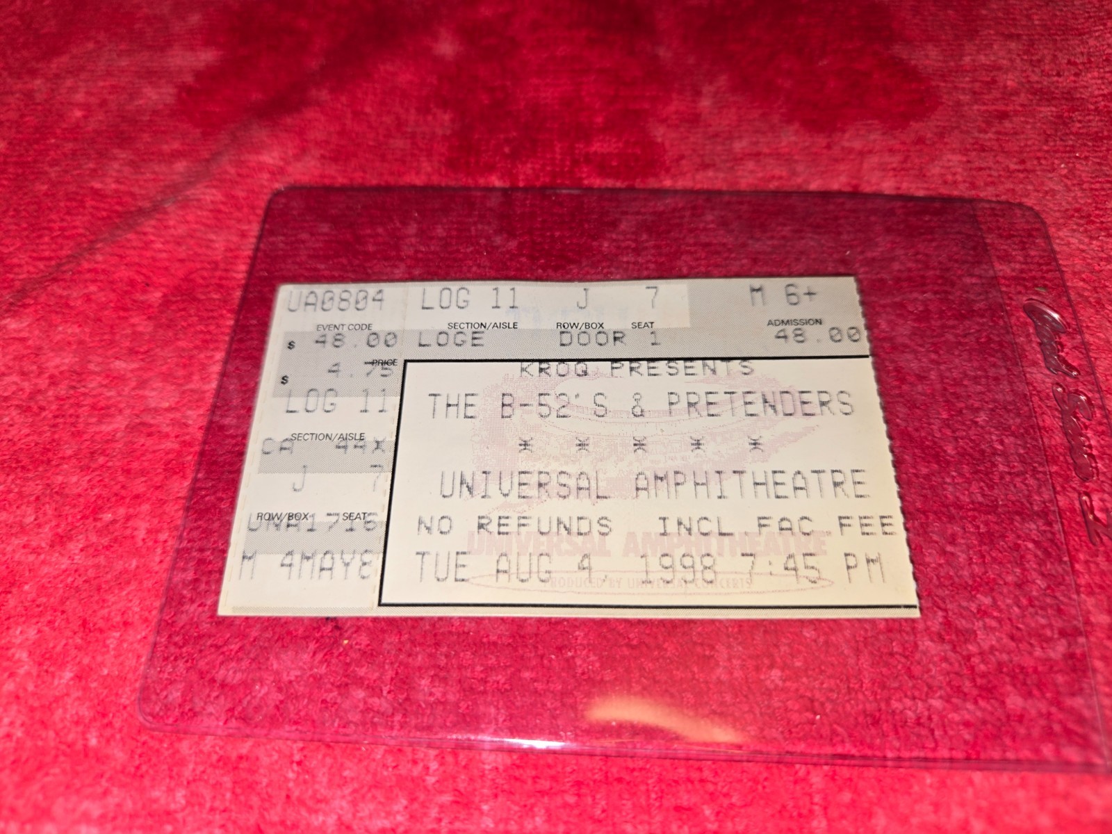 VINTAGE CONCERT TICKET STUB FOR THE B-52s AND PRETENDERS AUG 4 1998 UNIVERSAL AM