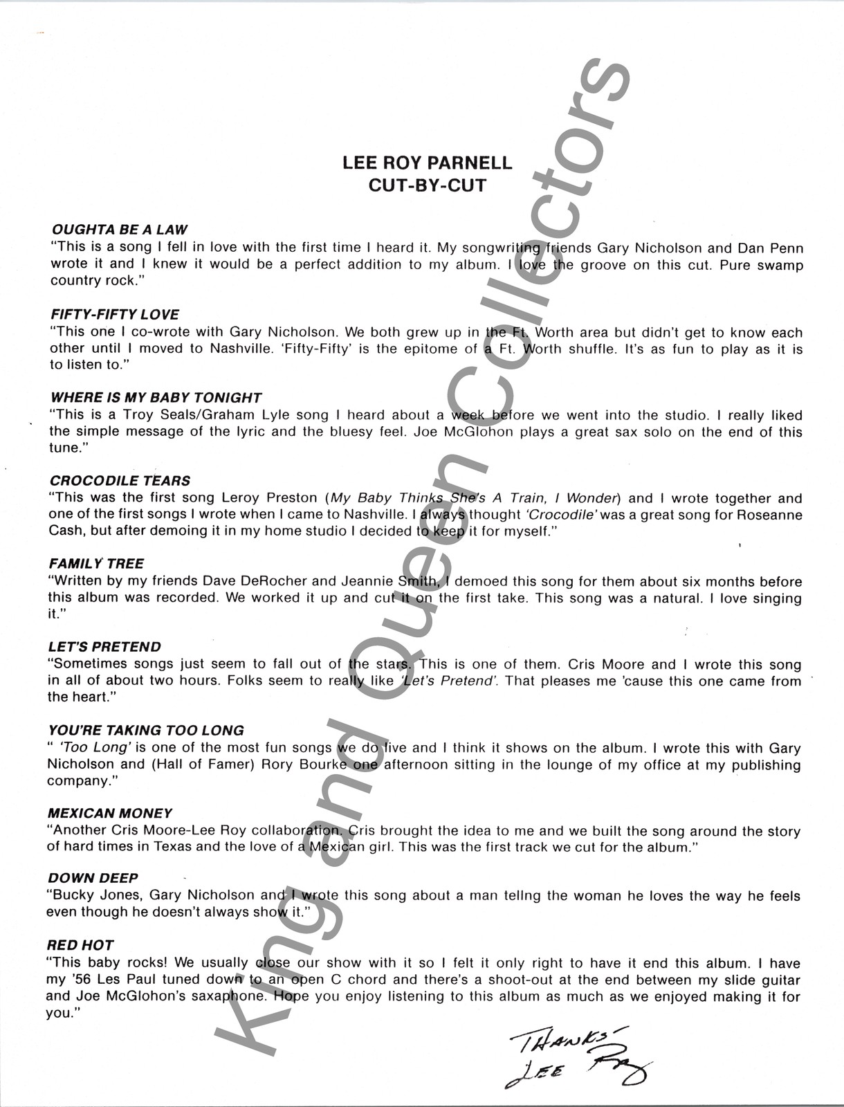 Lee Roy Parnell Original Press Kit Album Information Sheet