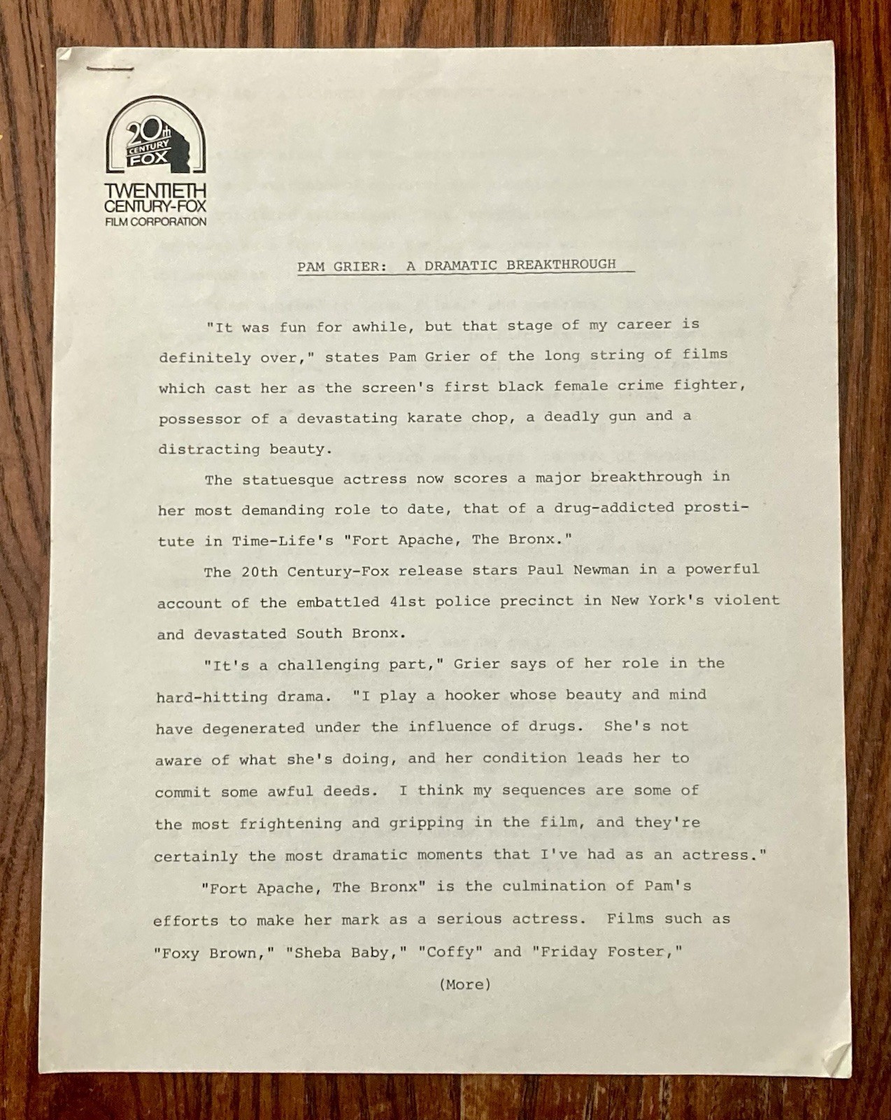 PAM GRIER 20th Century Fox Press Release for “Fort Apache, The Bronx” 1981