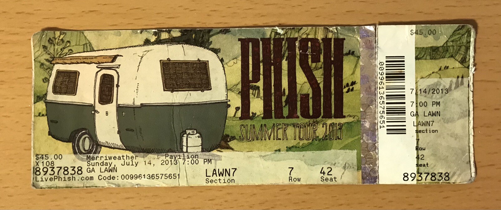 2013 PHISH COLUMBIA MD 7/14 CONCERT TICKET STUB TREY ANASTASIO